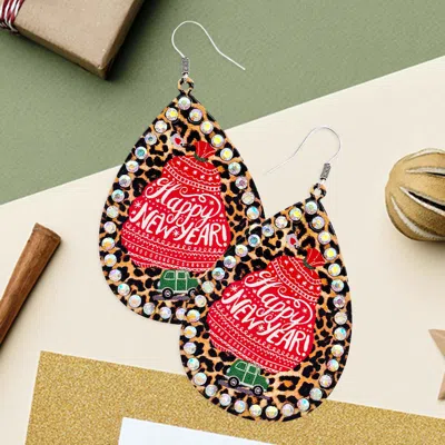 Fashnzfab Happy New Year Message Printed Stone Trimmed Metal Teardrop Dangle Earrings In Multi