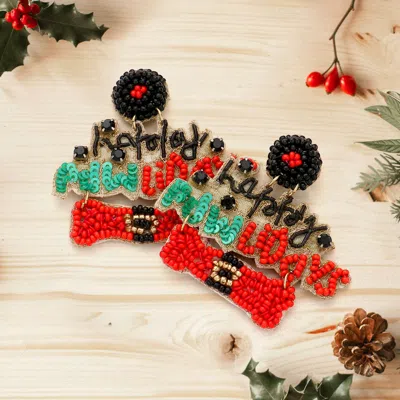 Fashnzfab Happy Pawlidays Message Felt Back Seed Beaded Dog Bone Dangle Earrings In Multi