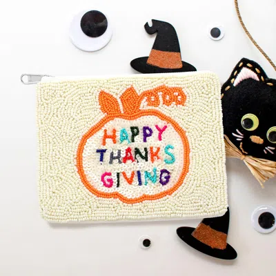 Fashnzfab Happy Thanksgiving Message Seed Beaded Mini Pouch Bag In White
