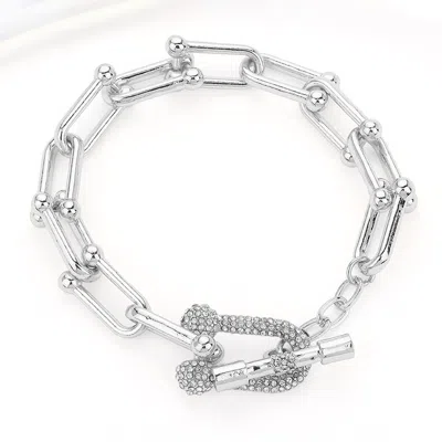 Fashnzfab Hardware Link Stone Paved Toggle Bracelet Clear, Rhodium In Multi