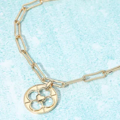 Fashnzfab Heart Accent Clover Cutout Medallion Pendant Paperclip Chain Necklace In Gold