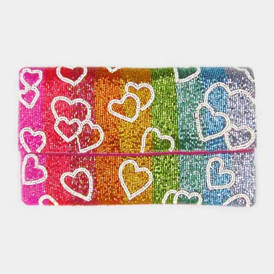 Fashnzfab Heart Accented Rainbow Striped Beaded Clutch / Crossbody Bag In Multi