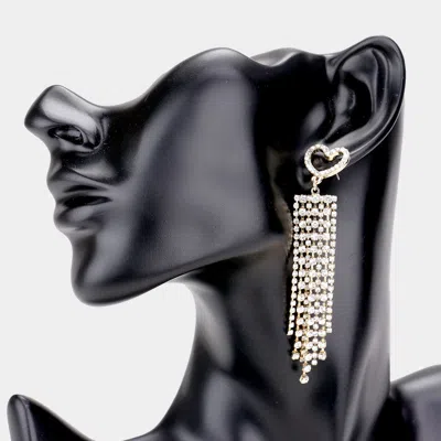 Fashnzfab Heart Accented Rhinestone Fringe Earrings In Gold