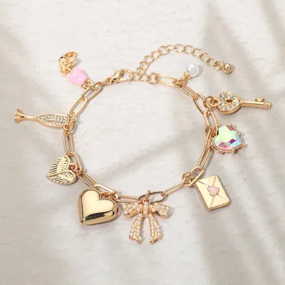 Fashnzfab Heart Bow Key Pearl Cocktail Glass Charm Station Paperclip Chain Bracelet In Gold