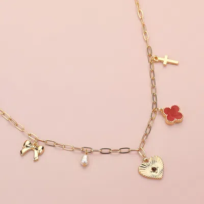 Fashnzfab Heart Bow Pearl Quatrefoil Cross Charm Station Paperclip Chain Necklace In Gold