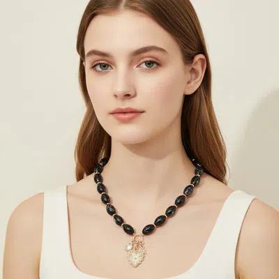 Fashnzfab Heart Bow Stone Charm Pendant Chunky Oval Beaded Statement Necklace In Black