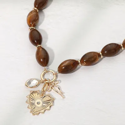 Fashnzfab Heart Bow Stone Charm Pendant Chunky Oval Beaded Statement Necklace In Brown