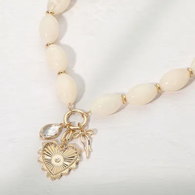 Fashnzfab Heart Bow Stone Charm Pendant Chunky Oval Beaded Statement Necklace In Multi