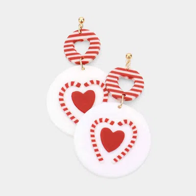 Fashnzfab Heart Candy Cane Accented Round Polymer Clay Dangle Earrings In Red