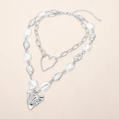 Fashnzfab Heart Charm Accent Pearl Link Chain Layered Statement Necklace In Silver