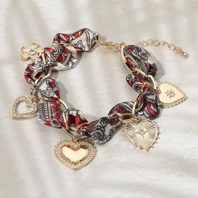 Fashnzfab Heart Charm Braided Fabric Chain Bracelet In Multi