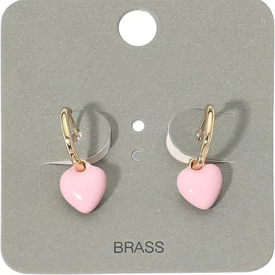 Fashnzfab Heart Charm Drop Mini Huggie Hoop Earrings In Pink