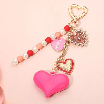 Fashnzfab Heart Charm Embellished Pearl Beaded Accent Drop Keychain Bag Charm In Pink