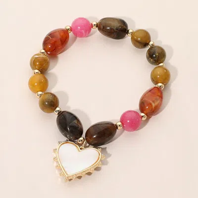 Fashnzfab Heart Charm Resin Pebble Beaded Stretch Bracelet In Brown