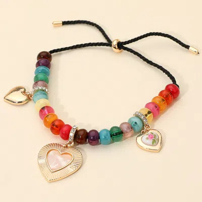 Fashnzfab Heart Charm Station Multicolor Beaded Adjustable Bracelet Gold, Multi