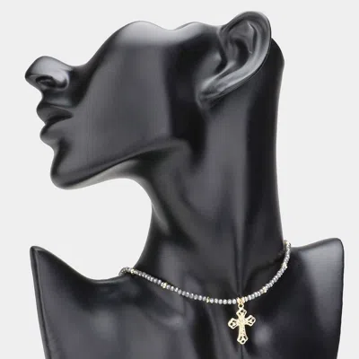 Fashnzfab Heart Cross Pendant Beaded Choker Necklace In Black