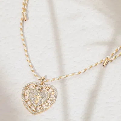 Fashnzfab Heart Cross Pendant Twisted Thread Adjustable Necklace In Gold