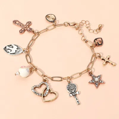 Fashnzfab Heart Cross Star Ceramic Ball Charm Station Paperclip Chain Bracelet Three Tone In Gold