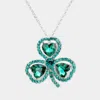 Fashnzfab Heart Crystal Rhinestone Clover Pendant Necklace In Green