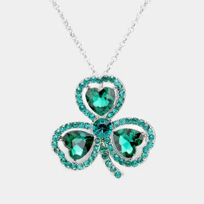 Fashnzfab Heart Crystal Rhinestone Clover Pendant Necklace In Green