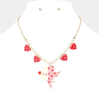 Fashnzfab Heart Cupid Pendant Pearl Necklace In Pink