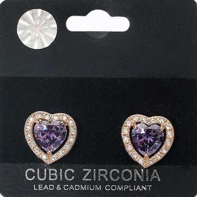 Fashnzfab Heart Cz Halo Stud Earrings In Purple