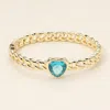 Fashnzfab Heart Cz Stone Accent Hinged Chain-link Bangle Bracelet - Blue, Gold In Gold