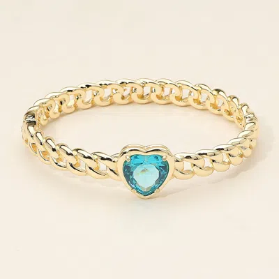 Fashnzfab Heart Cz Stone Accent Hinged Chain-link Bangle Bracelet - Blue, Gold