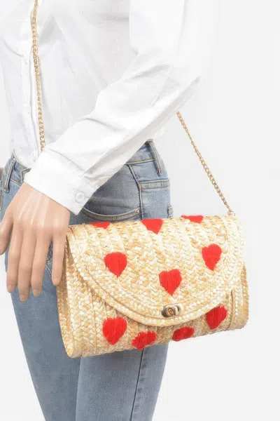 Fashnzfab Heart Embroidery Straw Clutch In White