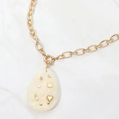 Fashnzfab Heart Feather Star Charm Embellished Teardrop Resin Stone Pendant Statement Necklace In Gold