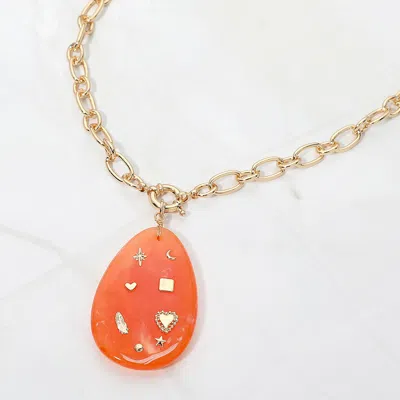 Fashnzfab Heart Feather Star Charm Embellished Teardrop Resin Stone Pendant Statement Necklace In Orange