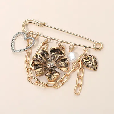 Fashnzfab Heart Floral Pearl Chain Charm Safety Pin Brooch In Multi