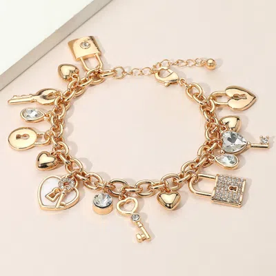 Fashnzfab Heart Key And Lock Charm Station Bracelet Gold
