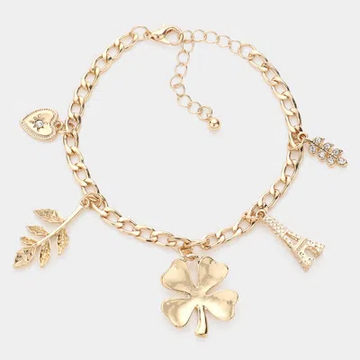 Fashnzfab Heart Leaf Clover Eiffel Tower Charm Station Bracelet Gold