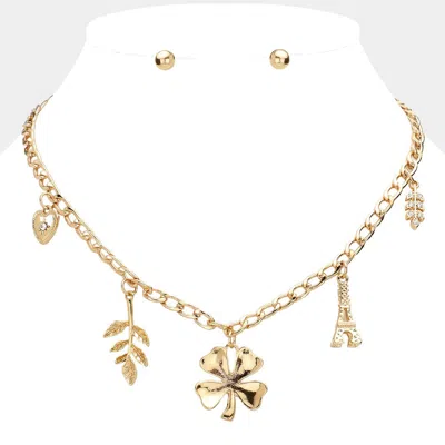 Fashnzfab Heart Leaf Clover Eiffel Tower Pendant Station Necklace In Gold