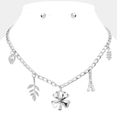 Fashnzfab Heart Leaf Clover Eiffel Tower Pendant Station Necklace In Metallic