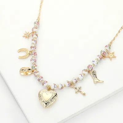 Fashnzfab Heart Locket Flower Horseshoe Cross Hat Charm Ceramic Ball Beaded Station Necklace In Multi