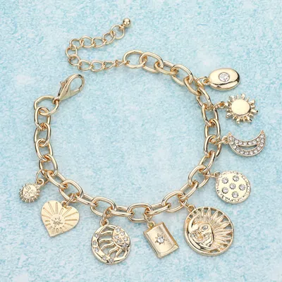 Fashnzfab Heart Moon Zodiac Charm Station Bracelet Gold