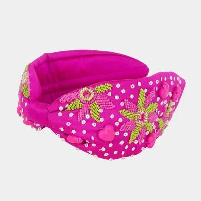 Fashnzfab Heart Multi Beaded Flower Headband In Pink
