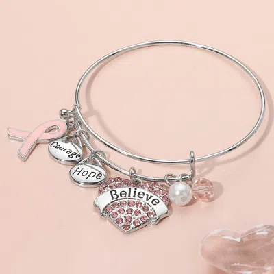 Fashnzfab Heart Paved Believe Hope Courage Pearl Pin Ribbon Charm Bangle Bracelet Light, Pink In Multi