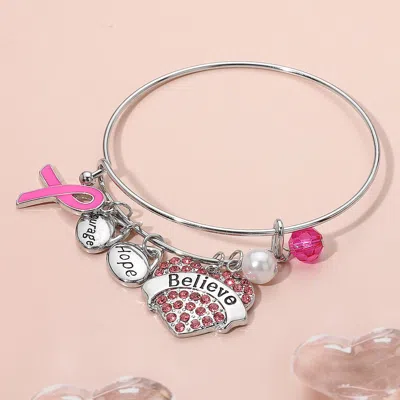 Fashnzfab Heart Paved Believe Hope Courage Pearl Pin Ribbon Charm Bangle Bracelet Pink