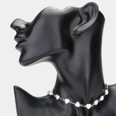 Fashnzfab Heart Pearl Link Choker Necklace In White
