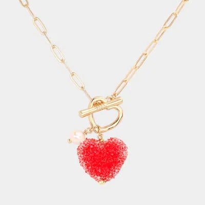 Fashnzfab Heart Pearl Pendant Toggle Necklace In Red
