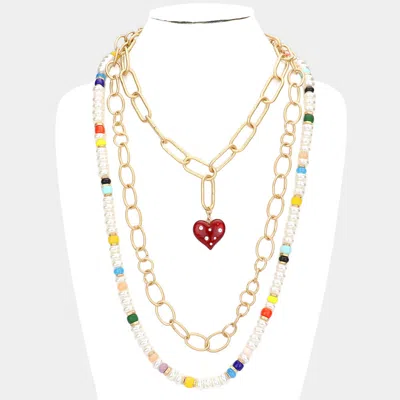 Fashnzfab Heart Pendant Accented Pearl Resin Beaded Triple Layered Necklace In Pink