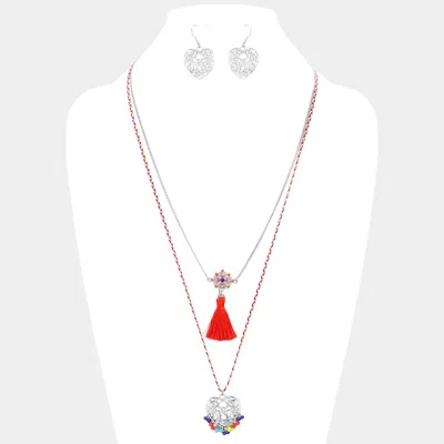 Fashnzfab Heart Pendant Necklace With Tassel In Metallic