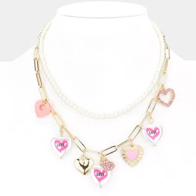 Fashnzfab Heart Pendant Station Pearl Double Layered Necklace In Gold