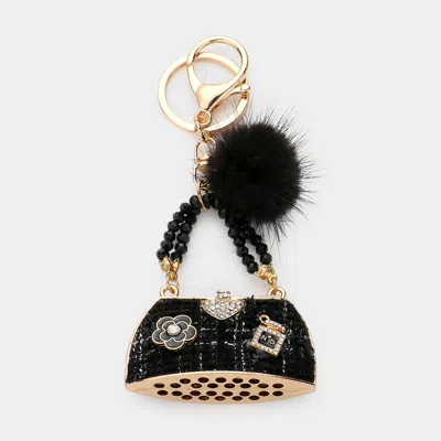 Fashnzfab Heart Pointed Tweed Tote Bag Pom Pom Keychain In Black