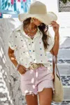 Fashnzfab Heart Print Button Down Short Sleeve Loose Shirt