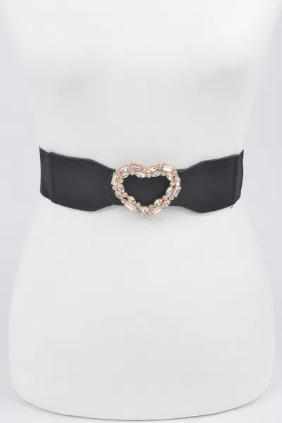 Fashnzfab Heart Rhinestone Buckle Elastic Belt In Black