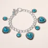 Fashnzfab Heart Round Stone Charm Station Toggle Bracelet Antique Silver, Aqua In Blue